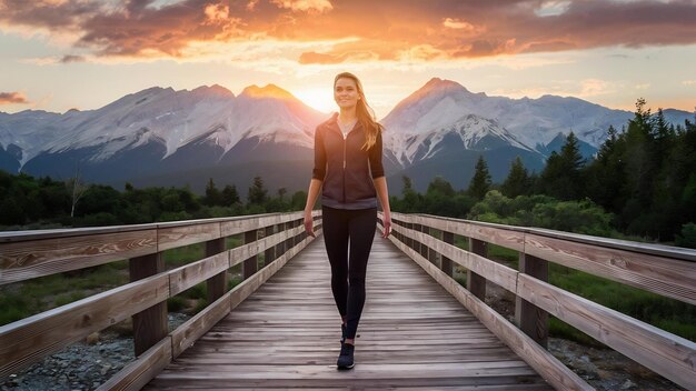 Vue arrière d'une femme marchant sur le trottoir au-dessus de la montagne