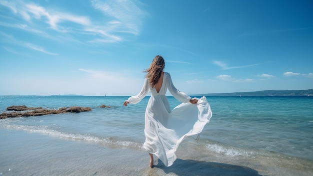 Vue arrière d'une femme à la mode debout sur une plage de mer ensoleillée