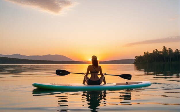 Vue arrière d'une femme sur une planche de SUP assise avec une pagaie au milieu d'un lac calme contre le b