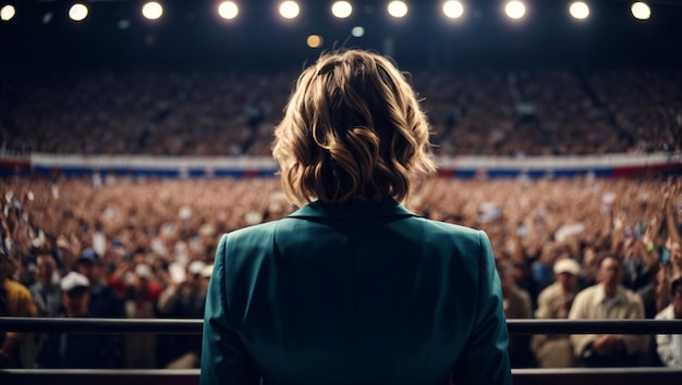 Vue arrière d'une femme politique lors d'un discours électoral devant la foule du congrès