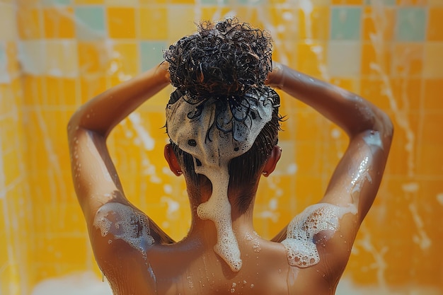 Photo une vue arrière d'une femme se lavant les cheveux avec du shampooing avec une belle toile de fond intérieure de la salle de bain et de l'espace pour le texte ou la publicité du produit ai générative