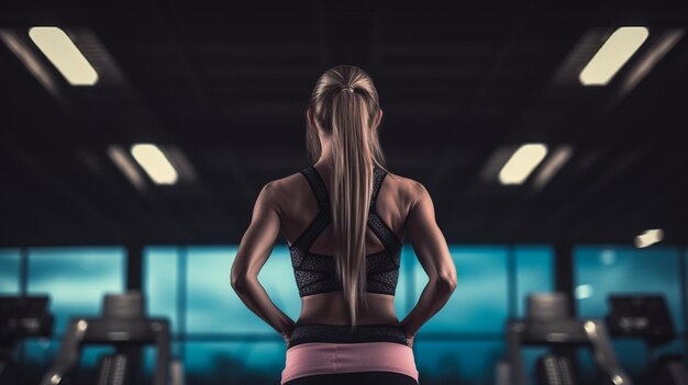 Vue arrière d'une femme sportive debout dans une salle de sport et regardant ailleurs ai générative