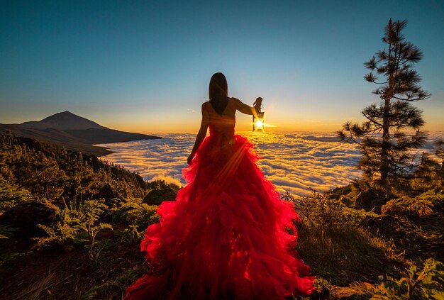 Vue arrière d'une femme tenant une lanterne alors qu'elle se tient sur la terre contre le ciel au coucher du soleil