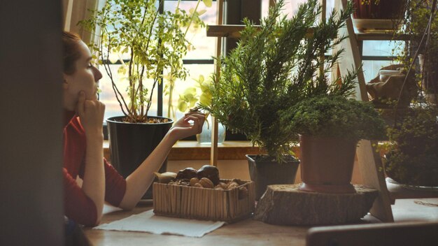 Photo vue arrière d'une femme tenant une plante en pot