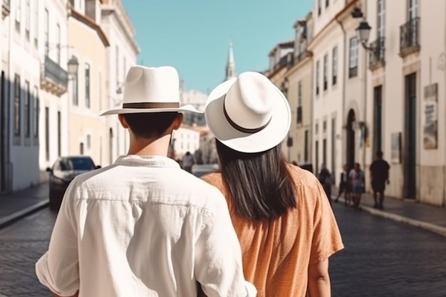 vue arrière d'une femme touristique au chapeau blanc tenant la main de son petit ami et explorant la vieille ville