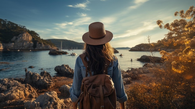 Vue arrière de la femme touristique avec chapeau et sac à dos en vacances en France Wanderlust concept photorea