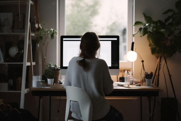 vue arrière d'une femme travaillant sur ordinateur dans son bureau à domicile