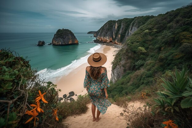 Vue arrière d'une femme voyageante debout sur des falaises et une plage tropicale