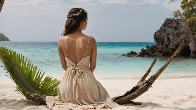 Une vue de l'arrière d'une fille dans une robe beige clair assise sur une plage tropicale
