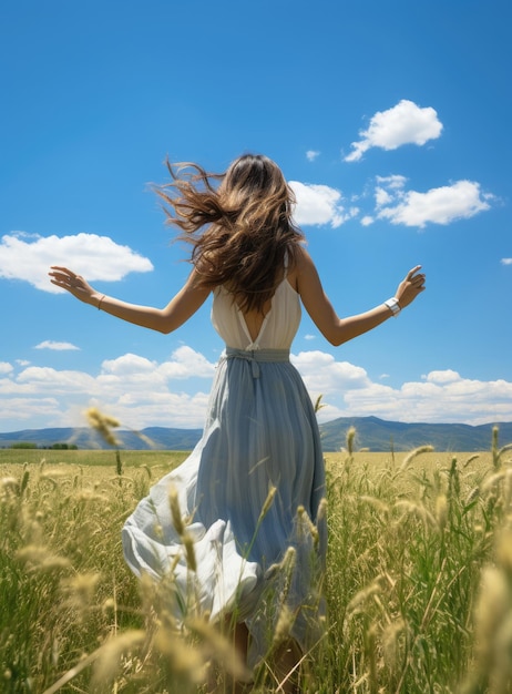 vue arrière d'une fille debout dans un champ d'herbe fleurie à bras ouverts liberté et air frais ciel bleu