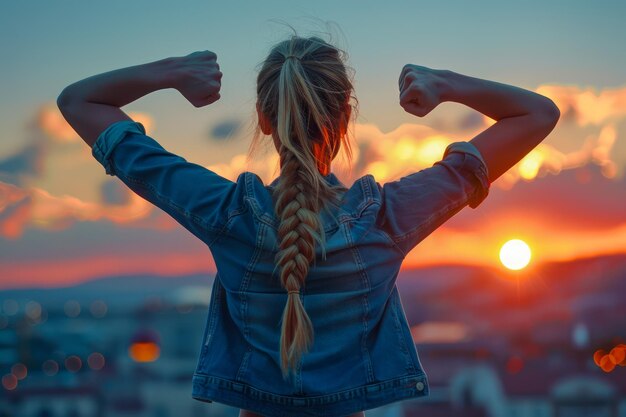 Vue arrière d'une fille forte et confiante avec des cheveux tressés montrant des muscles contre le ciel au coucher du soleil