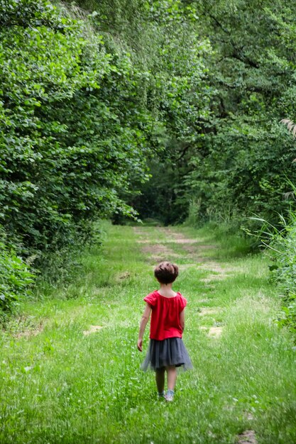Photo vue arrière d'une fille qui marche dans la forêt