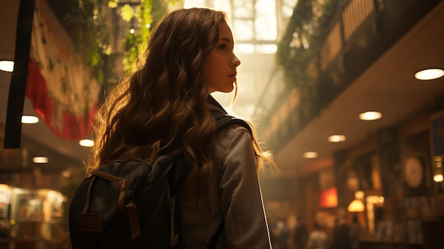 vue arrière d'une fille en tenue décontractée avec un sac à dos debout dans la rue avec des lumières colorées la nuit