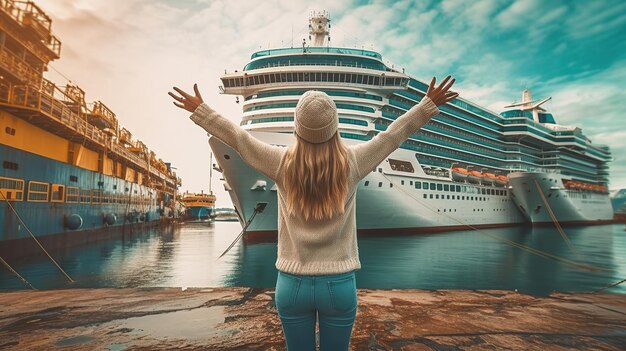 Vue arrière d'une fille voyageuse avec les bras levés devant un grand paquebot de croisière AI générative