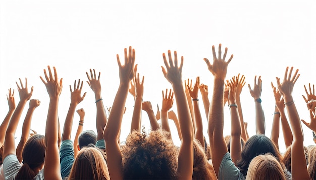 Photo vue arrière de la foule de spectateurs, des fans levant la main pour profiter d'un concert de festival de musique en direct.