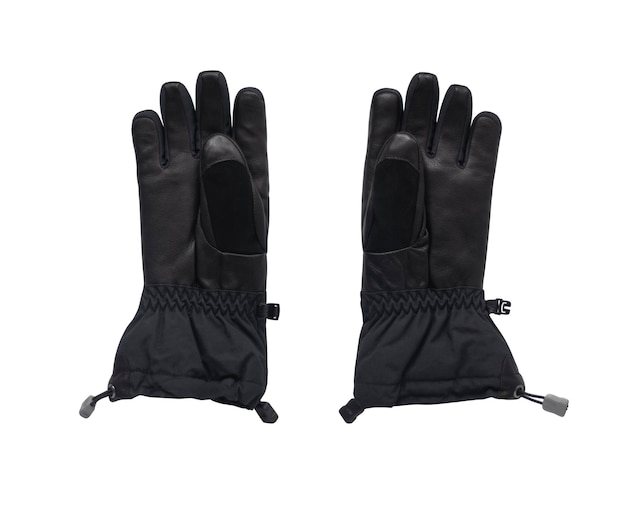 Vue arrière des gants de ski isolés avec du cuir et isolés sur blanc