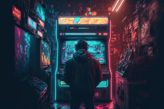 vue arrière garçon sa salle de jeux rétro avec Arcade Machins