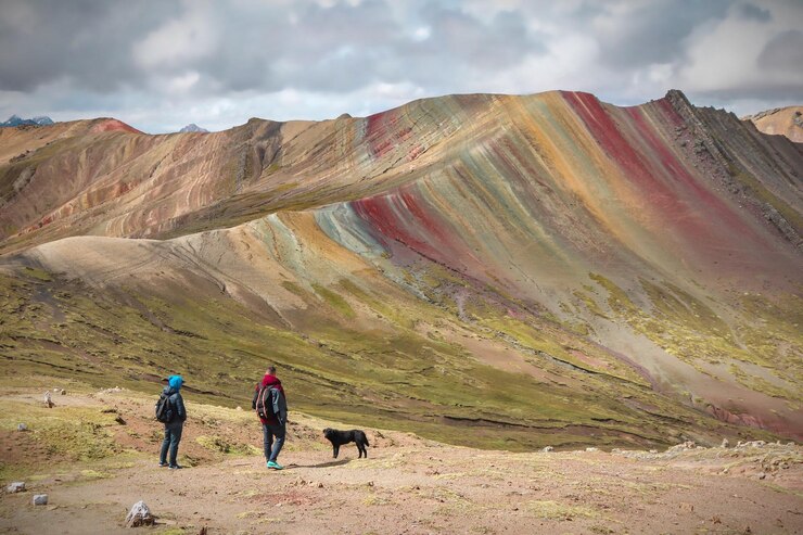 Photo vue arrière des gens par le chien sur la terre contre la montagne et le ciel