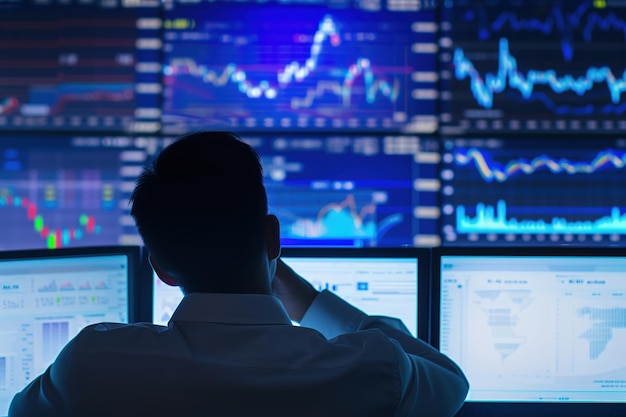 Vue arrière Homme d'affaires en costume chercher un expert financier analysant le marché boursier entouré d'écrans numériques afficher des statistiques et des graphiques et des tableaux et vérifier les tendances numériques statistiques d'analyse
