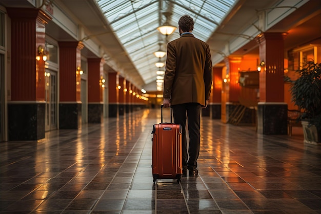 Vue arrière d'un homme d'affaires masculin dans le hall de l'hôtel avec une valise