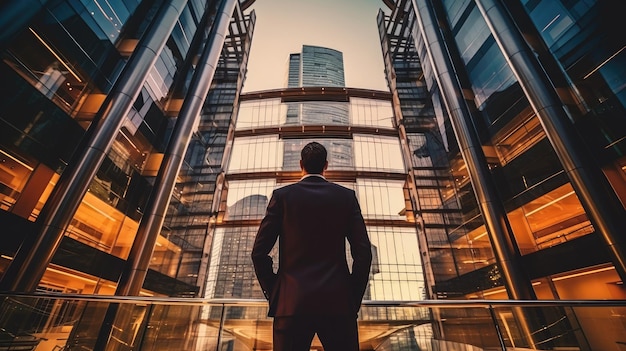 Vue arrière d'un homme d'affaires professionnel debout devant un bâtiment commercial moderne