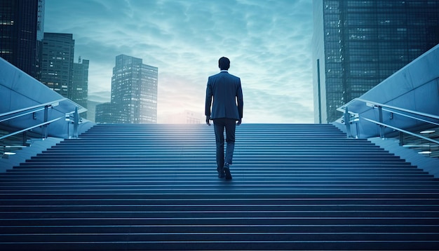 Photo vue arrière d'un homme d'affaires qui monte les escaliers pour obtenir le meilleur concept de réussite commerciale generative aixa