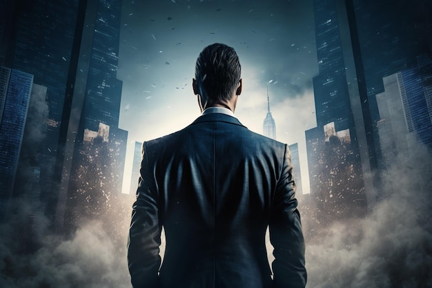 La vue arrière d'un homme d'affaires regardant des gratte-ciel représente le courage juvénile dans le monde des affaires