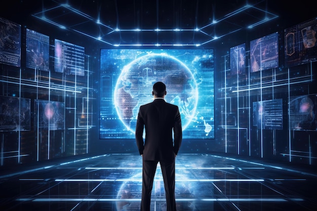 Vue arrière d'un homme d'affaires regardant un hologramme terrestre numérique sur fond abstrait Homme d'affaires debout devant un grand écran hologramme montrant la vue arrière du système de réseau mondial généré par l'IA