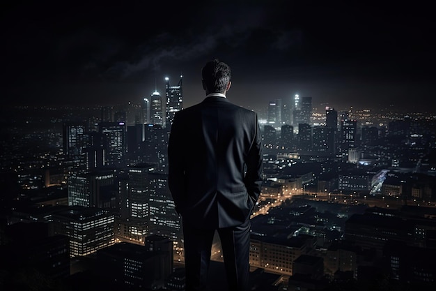 Vue arrière d'un homme d'affaires regardant la ville de nuit avec des lumières et des bâtiments Un homme d'affaires portant un costume sur mesure et regardant vers l'horizon de la ville Généré par AI