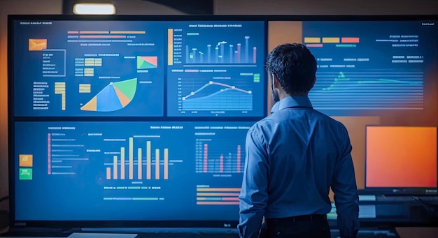 Vue arrière d'un homme d'affaires travaillant avec un écran virtuel numérique Analyse de données analysant l'analyse des bénéfices financiers et d'investissement pour la stratégie commerciale AI générative