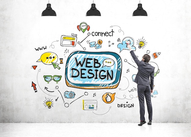 Vue arrière d'un homme d'affaires vêtu d'un costume sombre dessinant une esquisse colorée de conception de sites Web sur un mur en béton d'une pièce vide.