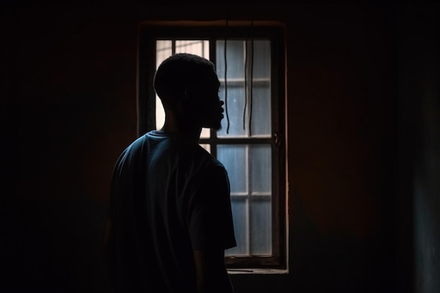 vue arrière de l'homme africain solitaire debout dans le noir derrière la fenêtre à la recherche