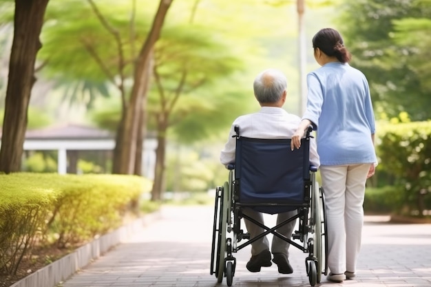 Vue arrière d'un homme âgé en fauteuil roulant et d'un aide-soignant