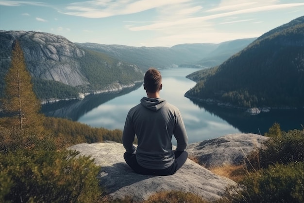 Vue arrière d'un homme assis dans une pose de yoga dans les montagnes IA générative