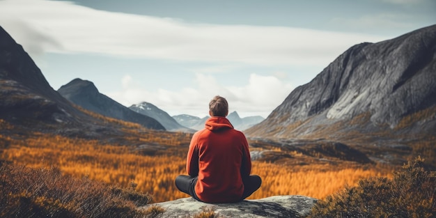 Vue arrière d'un homme assis dans une pose de yoga dans les montagnes IA générative