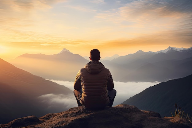Vue arrière d'un homme assis sur la pierre et profitant d'une vue magnifique sur le lever du soleil dans les montagnes IA générative