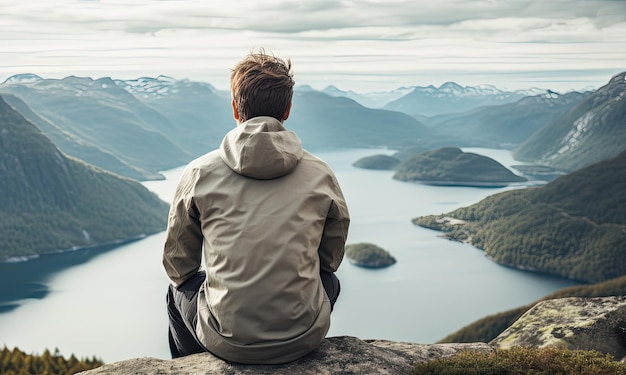 Vue arrière d'un homme assis sur une pierre et regardant le fjord Generative AI