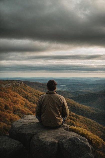 Vue arrière d'un homme assis seul dans les grandes montagnes