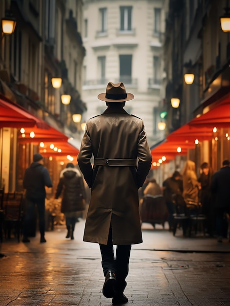 vue arrière homme avec un chapeau marchant dans les rues de paris voyage homme avec blog de voyage paysage
