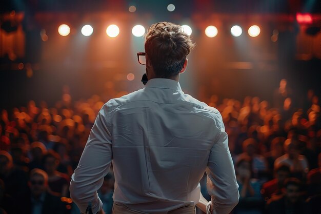 Vue arrière d'un homme en chemise blanche debout devant une foule pendant un concert