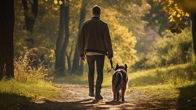 Vue arrière d'un homme avec un chien qui se promène en été