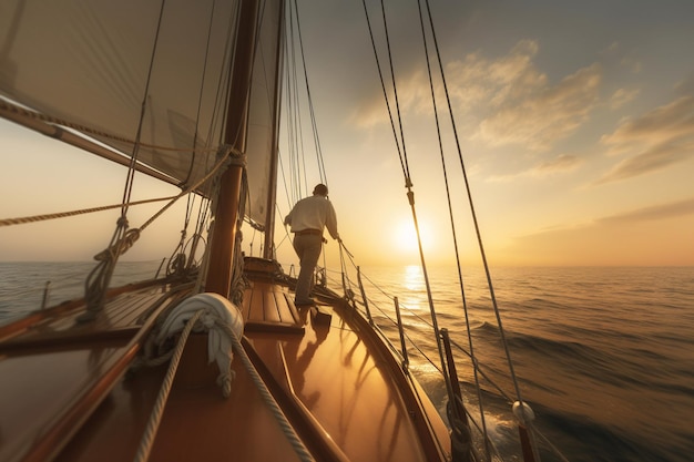 Vue arrière de l'homme debout sur un yacht à voile pendant le coucher du soleil avec l'IA générée