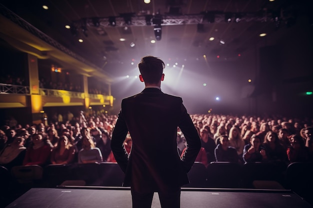 Vue de l'arrière de l'homme faisant un discours ou se produisant devant le public dans une salle de concert IA générative