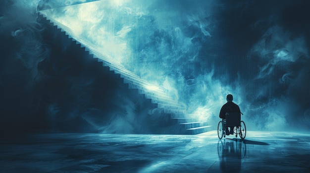 Vue arrière d'un homme en fauteuil roulant près des escaliers