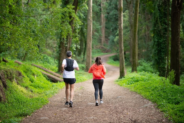 Vue arrière de l'homme et de la femme faisant du jogging dans la forêt. Deux sportifs en vêtements sportifs faisant de l'exercice à l'extérieur. Sport, concept de passe-temps