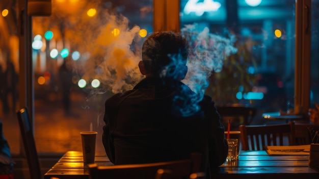 Vue arrière d'un homme fumant une cigarette de tabac dans un café Mode de vie malsain