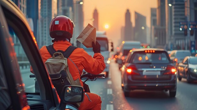 Vue arrière d'un homme de livraison en uniforme orange et casque sur un scooter dans la rue de la ville