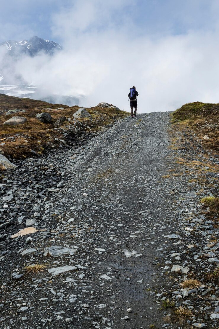 Photo vue arrière d'un homme marchant sur une montagne contre le ciel