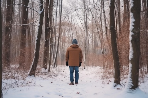 vue arrière homme marche dans la forêt d'hiver