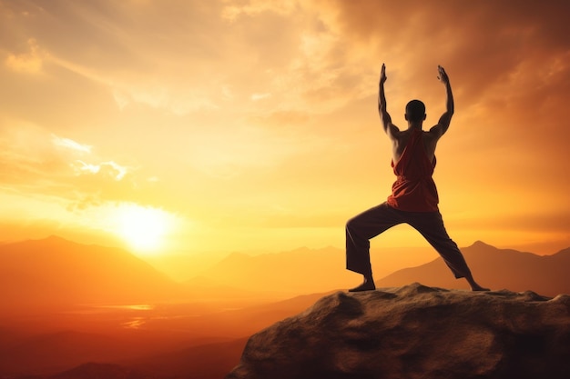 Vue arrière d'un homme méditant exécutant une pose de yoga gracieuse sur fond de coucher de soleil